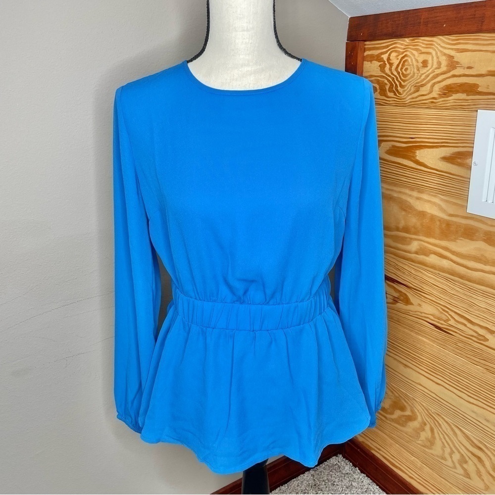 New York & Company Royal Blue Chiffon Long Sleeve Tie Back Top Blouse Small
